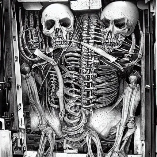 Image similar to boxcar made of human meat and bone, biomechanical railroad, highly detailed, War Photography, by H.R. Giger