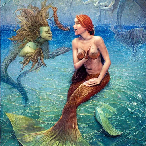 Image similar to scientist interacts with a mermaid, by jon foster