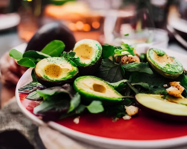 Prompt: 8 5 mm food photography of a plate full of grilled avocado at restaurant with dof and bokeh and wine glasses o