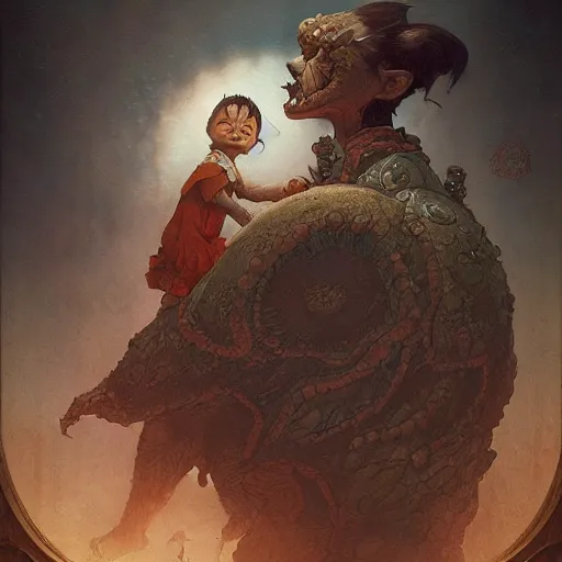 Image similar to a victorian monster standing over a sleeping child, illustrated by miyazaki by karol bak, james jean, tom bagshaw, rococo, sharp focus, trending on artstation, cinematic lighting