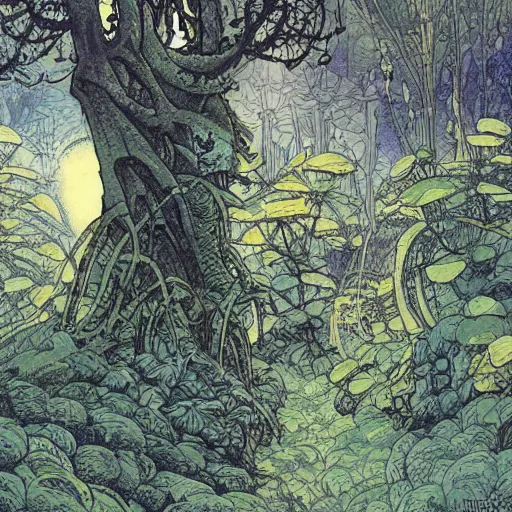 Prompt: spaceship landed in a lush forest by Rebecca Guay