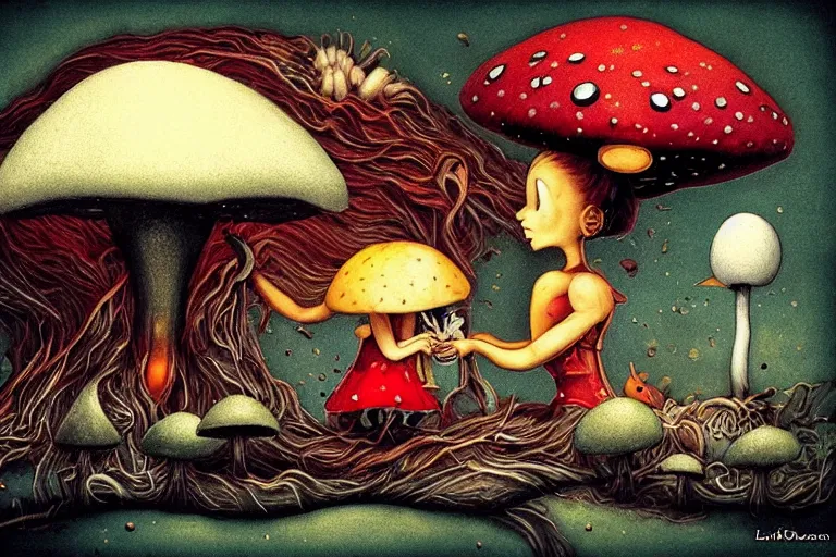 Image similar to Alice meets a Caterpillar that teaches her to eat mushroom to control her size, biomechanoid, sci-fi, dramatic, art style Megan Duncanson and Benjamin Lacombe, super details, dark dull colors, ornate background, mysterious, eerie, sinister