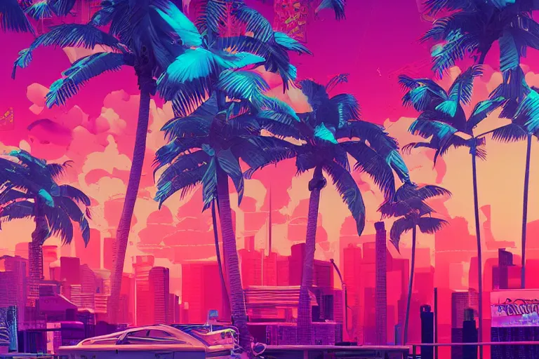 Gorgeous Women 80s Vice City Synthwave Miami Landscape Artstation Winner