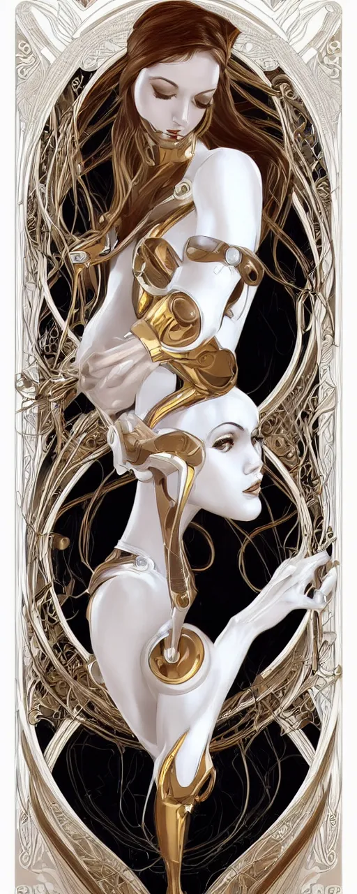 Prompt: beauty art nouveau woman, White and gold robotic, trending on artstation, by Artgerm