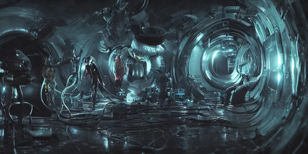 Image similar to team of scientists in stays suits stay near with capsule containing mystery alien with tentacles lit contrast colour, horror, dark environment, long shot, hyper - detailed, octane render, unreal engine 5, ray tracing, digital art