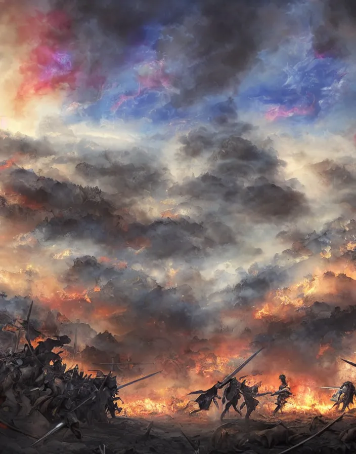 Prompt: Medieval fight bbetween two armies, random and dramatic scene, blue sky with beautiful clouds, fire, explosions and grey smoke here and there, boixcar style, matte painting, vaporwave vaporwave vaporwave watercolor cover art with warm and vibrant colors, volumetric light, oil on canvas art by Rossdraws, award-winning masterpiece with incredible and beautiful details digital art, trending on artstation, smooth, 4K