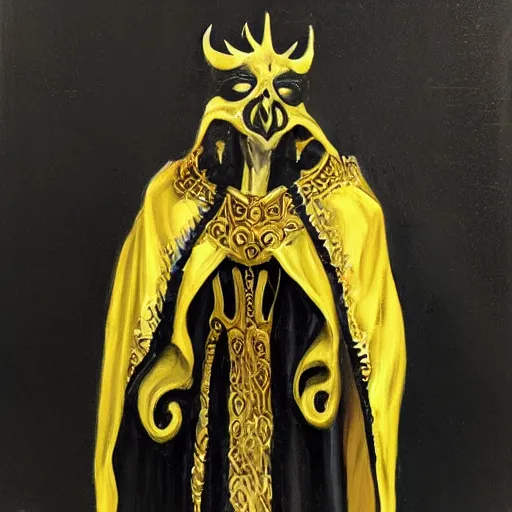 Prompt: eldritch king in mask and robes, gold yellow and black colour scheme, oil - paint style