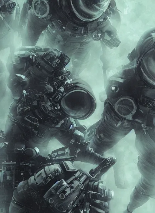 Image similar to astronauts in dark and empty void underwater - complex and hyperdetailed technical suit. reflection and dispersion materials. rays and dispersion of light. volumetric light. 5 0 mm, f / 3 2. noise film photo. flash photography. ultra realistic, wide angle. poster by wayne barlowe, hajime sorayama aaron horkey, craig mullins