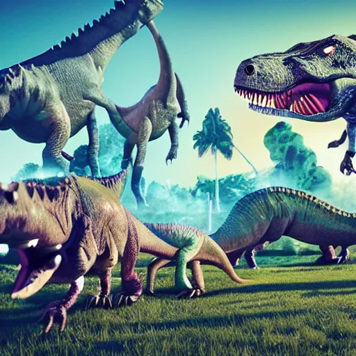 Image similar to a group of dinosaurs having a rave party at boom festival main stage, rendered in octane