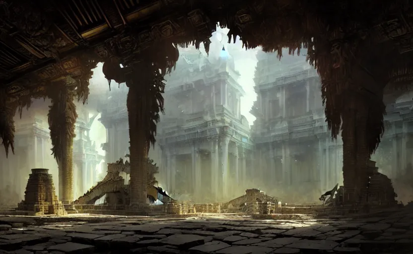 Image similar to The interior of an mytical and ancient temple dragons, in ruins, intricate, elegant, volumetric lighting, digital painting, highly detailed, artstation, sharp focus, illustration, concept art, ruan jia, steve mccurry