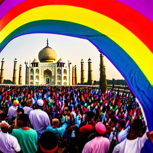 Image similar to photo of crowd of men with rainbow flags dancing at ( ( ( ( taj mahal ) ) ) ), well framed, sharp focus, 8 k, beautiful, award winning photo, highly detailed, intricate, centered