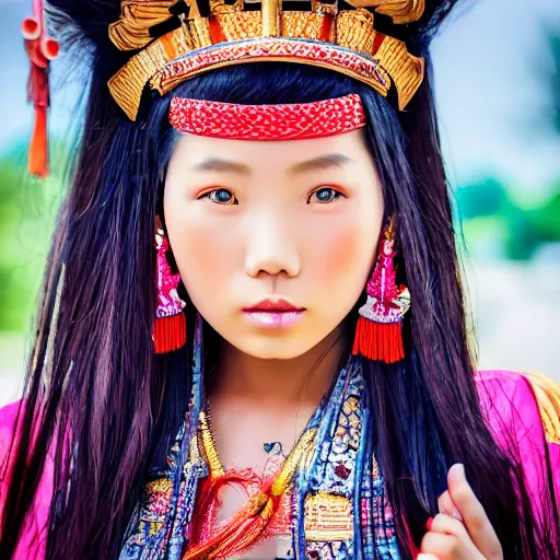 Image similar to A female maiden ancient asian tribal princess, (EOS 5DS R, ISO100, f/8, 1/125, 84mm, postprocessed, crisp face, facial features)