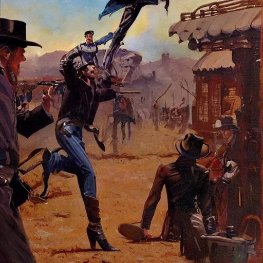 Image similar to cowboys shoot it out with a very tall cyborg in a western town, 1890s, dynamic, by tom lovell and frank schoonover and dean cornwell and phil hale