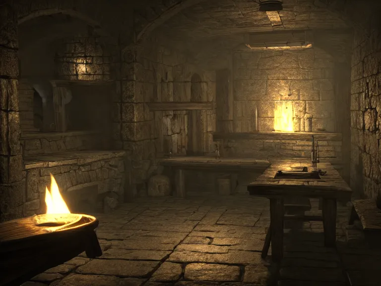 Image similar to delicious torch lit prison dungeon jail cell atmospheric unreal engine hyperreallistic render 8k character concept art masterpiece screenshot from the video game the Elder Scrolls V: Skyrim