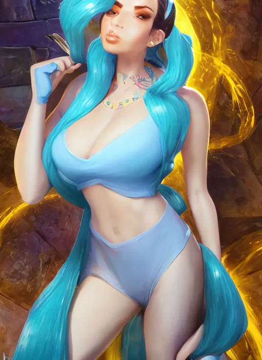 Image similar to sophisticated sona, from league of legends, au naturel, with a abs, pawg, light blue, hyper detailed, digital art, trending in artstation, studio lighting, studio quality, smooth render, unreal engine 5 rendered, octane rendered, art style by klimt and nixeu and ian sprigger and wlop and krenz cushart