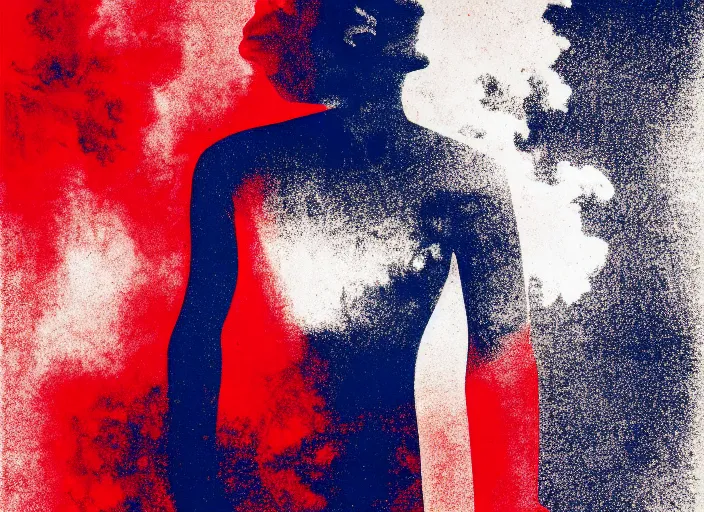 Image similar to America split in two raging fire,modern art deco, Mads Berg, Karolis Strautniekas,stippled light, dramatic lighting,fine texutre, editorial illustration,matte print, film noir, red+white+blue+dark organe+black,dynamic composition,moody, bauhaus