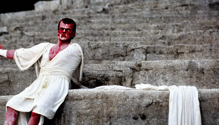 Image similar to 1 9 7 0 s movie still close - up of caligula in a white toga stabbed to death bleeding heavy blood on ancient amphitheater's stairs, cinestill 8 0 0 t 3 5 mm, high quality, heavy grain, high detail, dramatic light, anamorphic, blood