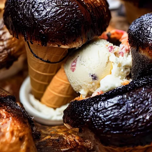 Prompt: a photograph of a clump of ice cream cones growing out of the cavity in a roast turkey like mushrooms. Shallow depth-of-field