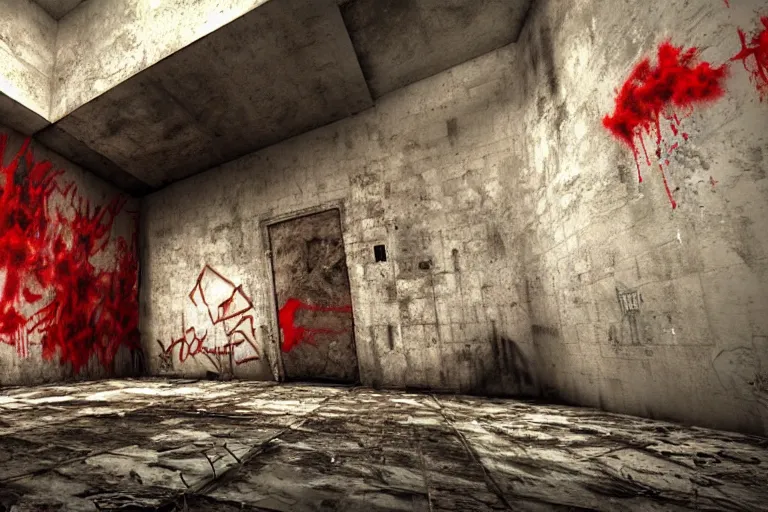 Prompt: Manhunt 3 asylum level concept art, 4k, photorealistic, hd, decrepit walls, falling tiles, graffiti, gritty, splash of dark red near an unconscious person
