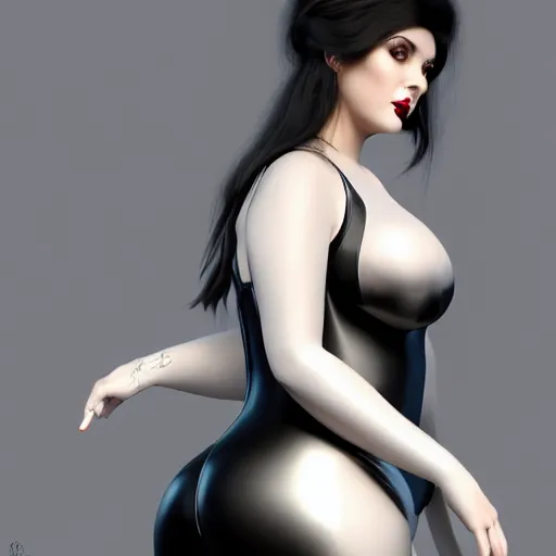 Prompt: portrait of a curvy feminine elegant pale goth woman with elaborate elegant tight black nylon and silver latex outfit, cgsociety, realistic, highly detailed, sublime, 16k, smooth, sharp focus, trending on ArtStation, hyperdetailed, volumetric lighting