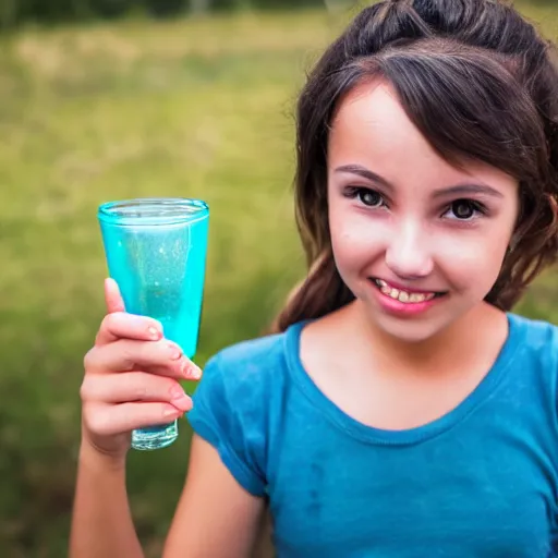 Prompt: a girl holding a drinking glass made of human teeth