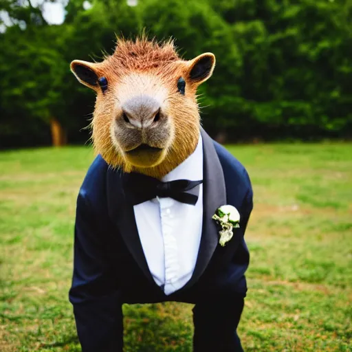 Image similar to a capybara wearing a tuxedo at a wedding