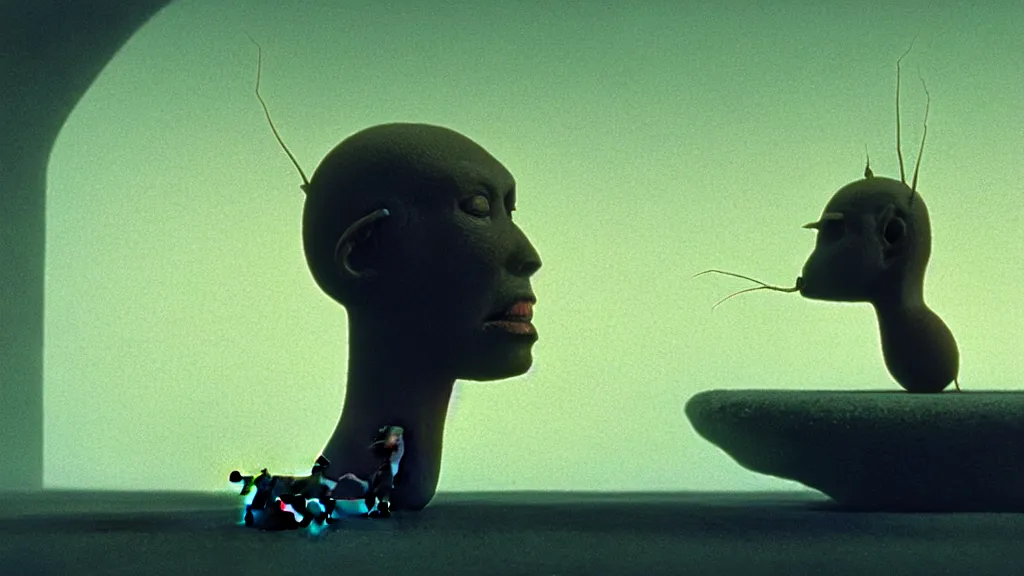 Image similar to the giant head of an ant in the living room, film still from the movie directed by Denis Villeneuve with art direction by Zdzisław Beksiński, wide lens