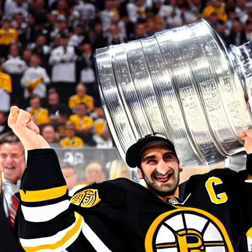 Image similar to Patrice Bergeron holding the Stanley cup