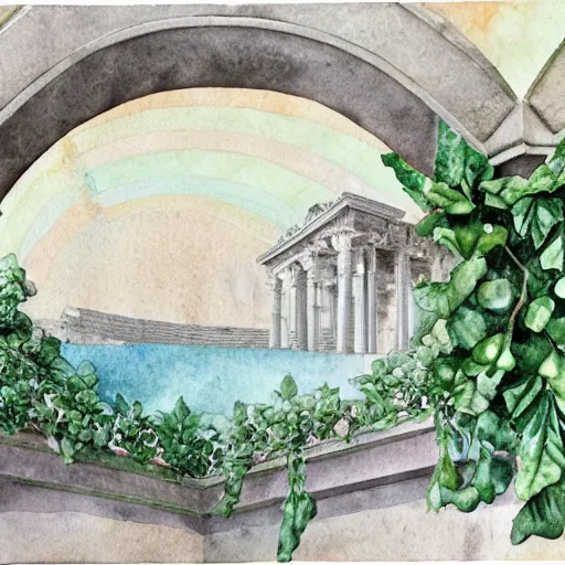 Image similar to delicate marble garden on paper floating puffy vines botanical 1 9 2 0 herbarium botanic watercolors coastline iridescent 8 k wide angle realistic shaded fine details, artstation italian rainbow colonnade oak pinecone gardena architecture pompeii rome naples sicily, boundary wall