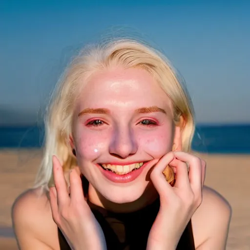 Image similar to beautiful hyperrealism hyperdetailed photograph of a cute thin young woman in love with you, smiling adoringly at the camera, platinum blonde hair, flushed face, blushing, big puffy lips, heart - shaped face, light freckles on cheeks and nose, 8 k, sharp focus, golden hour, beach setting