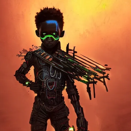 Image similar to a dark and ominous cyborg african child soldier with glowing eyes and neon facial warpaint, neon graffiti, Apex Legends character digital illustration portrait design, by android jones and greg rutkowski in a cyberpunk voodoo style, retrowave color scheme, detailed, cinematic lighting, wide angle action dynamic portrait