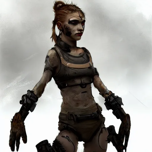 Prompt: beautiful female chimera, full round face, short smile, full body, post apocalyptic setting, futuristic, medium shot, mid-shot, highly detailed, trending on Artstation