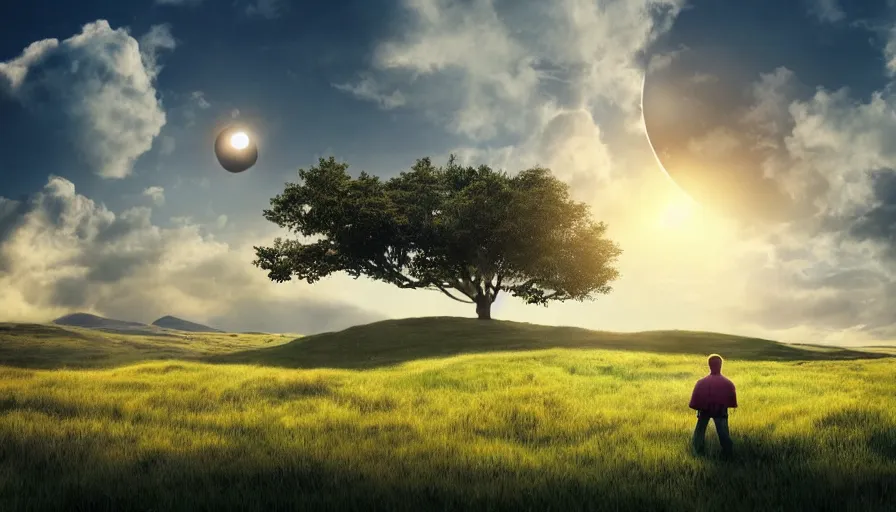 Prompt: people watching dramatic solar eclipse, grassy field, rolling hills, single tree, colorful clouds, blue sky, jessica rossier, matte painting
