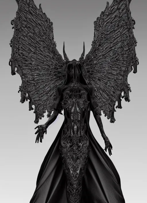 Image similar to Fine Art photo of a ancient sculptural demonic female Angel, rucifer, gothic and baroque sculpture, wearing long veil dress, six long wings, fallen angel with shadowy halo, in the large gothic cathedral , ornate, intricate and low contrast detailed, Guillermo del Toro style, full body portrait, hyper realistic, zbrush, epic perspective, octane render, volumetric light, cinematic lighting, cinematic detail, composition, photorealistic, render in unreal engine 5, 8k render, art sculpture, bone, ultra detailed technical precision, rule of third, dark epic scene