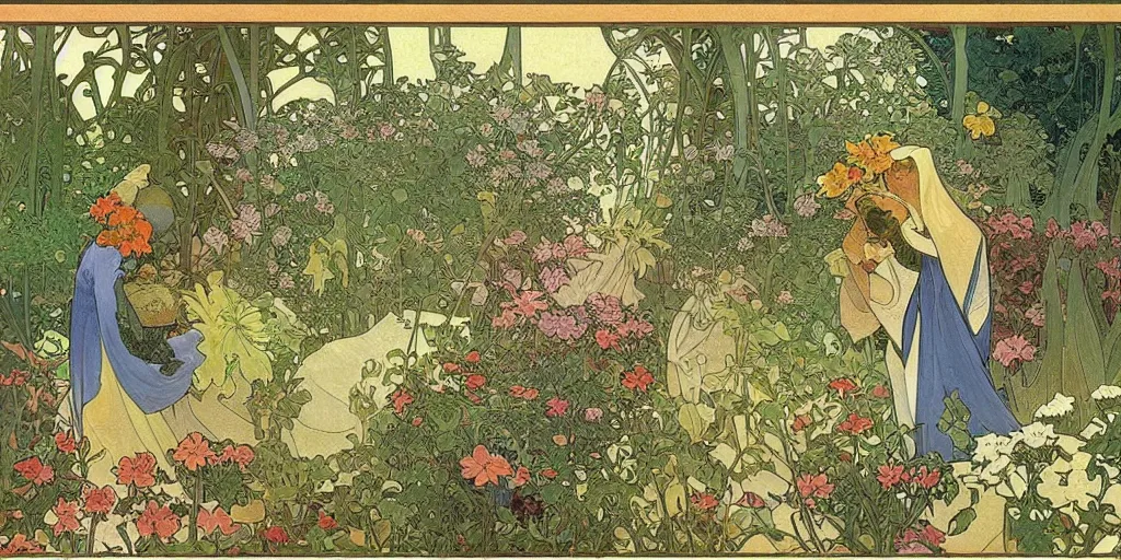 Prompt: an illustration of a beautiful garden, isometric view, painted by alphonse mucha and hieronymus bosch and hasui kawase, dramatic lighting, vivid colours.
