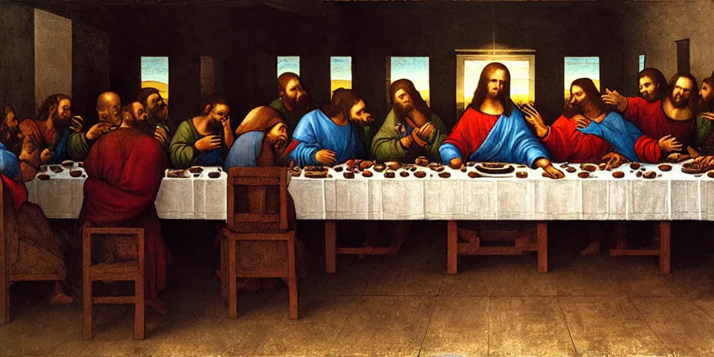 Prompt: The Last Supper, mural painting, Leonardo da Vinci, Cast of Babylon 5.