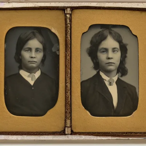 Prompt: tintype photo of two twins facing each each