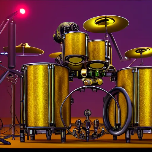 Prompt: huge robotic drumset on a stage with a golden shiny electric guitar amp, the drumset is futuristic steampunk style with gears and tubes, 8 k, fluorescent colors, halluzinogenic, multicolored, exaggerated detailed, unreal engine - h 7 6 8