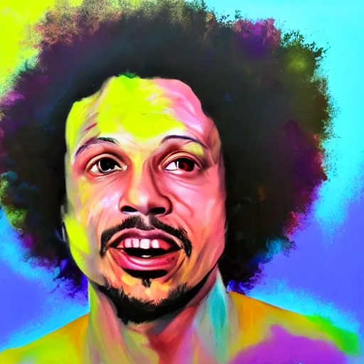 Image similar to colourful portrait painting of Eric Andre with his eyes flowing out