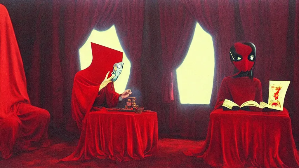 Image similar to a fortune teller wearing a mask sits in a red velvet room reading a fortune, film still from the movie directed by Studio Ghibli with art direction by Zdzisław Beksiński and Salvador Dalí, wide lens