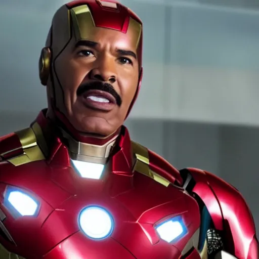 Image similar to an avengers still of steve harvey as ironman,detailed face,cinematic,dramatic,marvel 2021