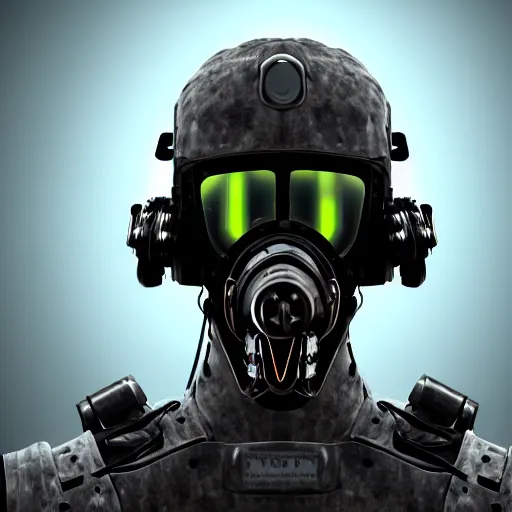 Image similar to a award winning action upper body portrait of nuke zombie with a breathing mask while wearing futuristic bodyarmor and pauldrons, outrun, vaporware, highly detailed, fine detail, intricate