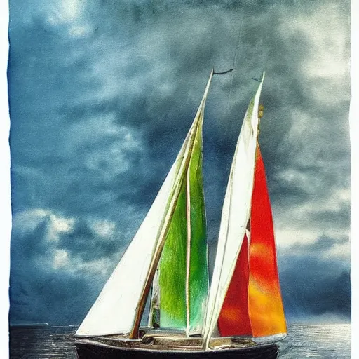 Image similar to balmy, melancholic crayon art, depth of field by willem kalf, by andy warhol, by randolph caldecott. a beautiful street art of a sailboat sailing on a sea of clouds, with a rainbow in the background. the sailboat is crewed by a group of monkeys, & the sails are billowing in the wind.