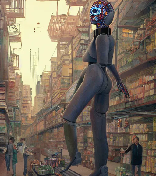 Image similar to a robot with a digitized female face for a head, walking through a market Industrial Scifi, detailed illustration, character portrait, by Martin Grip and Moebius