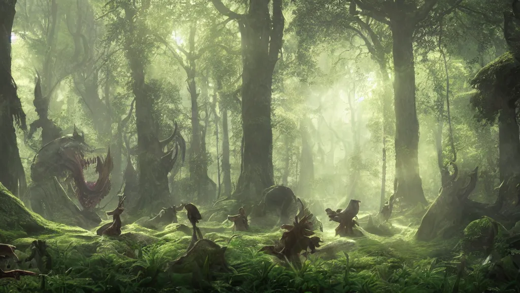 Prompt: happy cheerful demons and monsters joyously frolicking through a beautiful forest, volumetric lighting, unreal engine 5, jubilant blissful atmosphere, photorealistic, hyperdetailed 3d matte painting, hyperrealism, hyperrealistic, cinematic masterpiece, vibrant fantasy style 8k ultrahd octane render