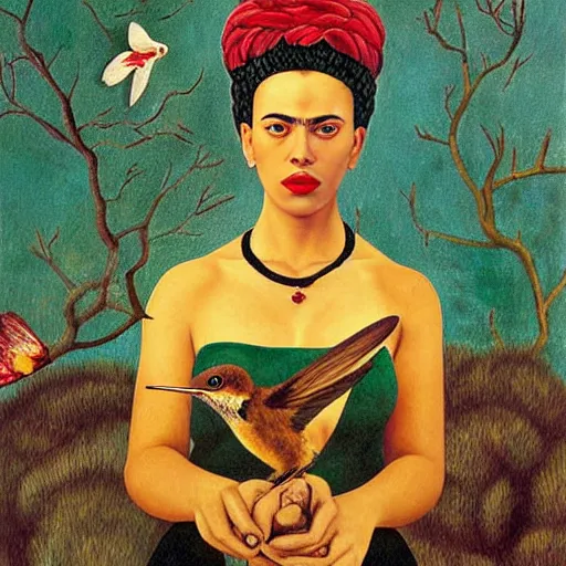 Image similar to painting Self-Portrait of scarlett johansson with Thorn Necklace and Hummingbird, by Frida Kahlo