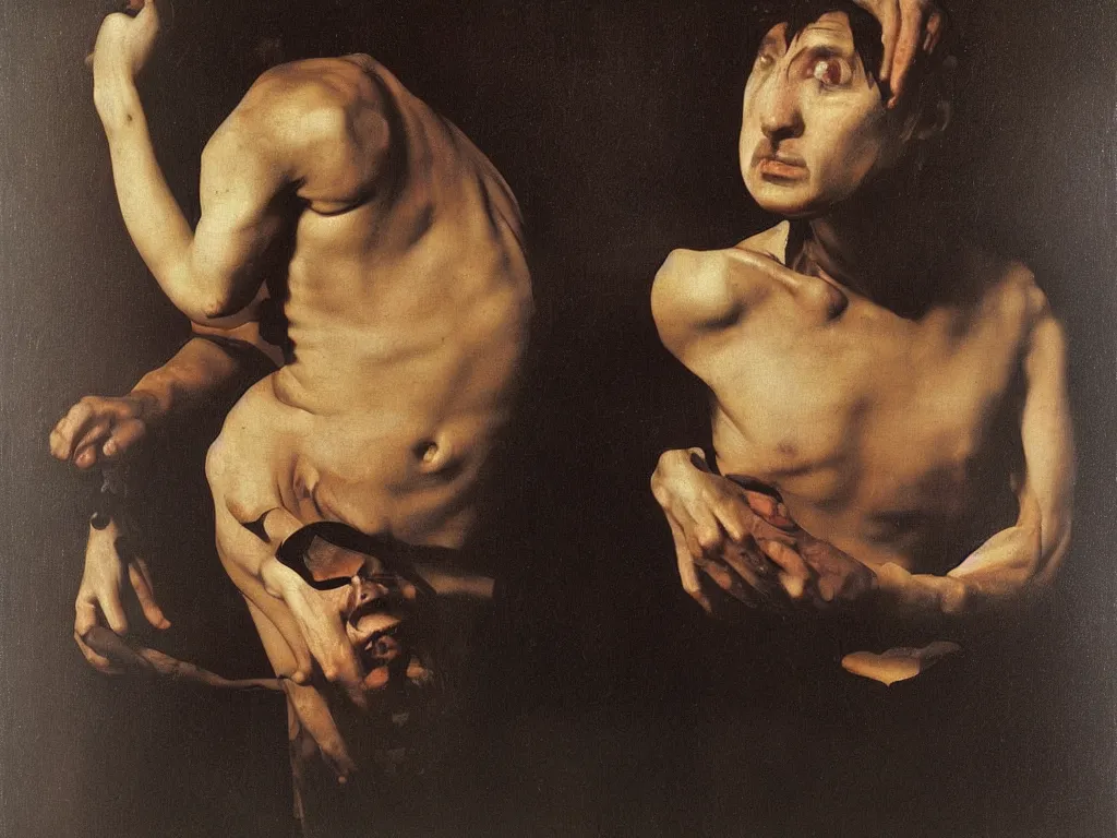 Image similar to Portrait of a lapis lazuli painted cannibal. Painting by Caravaggio, August Sander