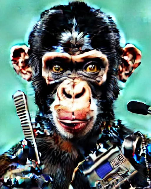 Prompt: a portrait of an anthropomorphic cyberpunk rockstar chimp singing into a microphone on a stand by sandra chevrier, by jon foster, detailed render, tape deck, epic composition, cybernetics, 4 k realistic, cryengine, realistic shaded lighting, sharp focus, masterpiece, by enki bilal