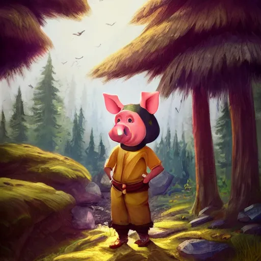 Prompt: a cartoonish anthropomorphic child pig is near a wooden hut in a mystical forest full of wonders, pine trees, magical atmosphere, trending on artstation, 30mm, by Noah Bradley trending on ArtStation, deviantart, high detail, stylized portrait