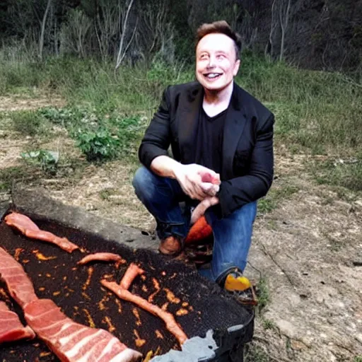 Prompt: elon musk holding a piece of meat over a fire